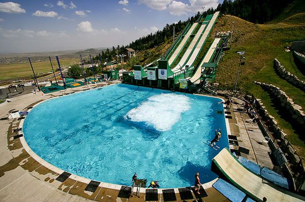 Ski jumping in the frozen pool Ski jumping in the frozen pool